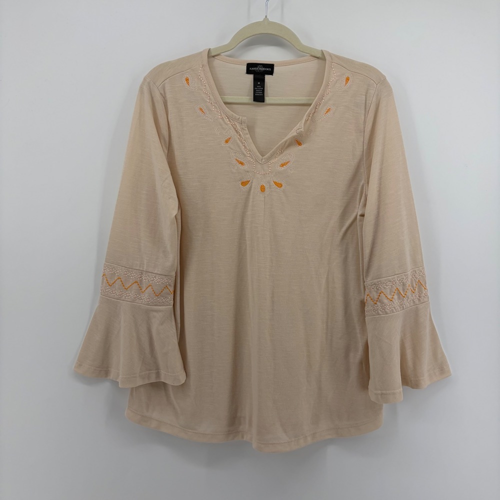 Karen Brooks Womens M Beige Top Embroidered Bell Sleeve Boho V-Neck Blouse